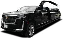 Long black stretch limo with open vertical door, perfect for weddings and high-end events.