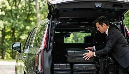 A professional driver in a black suit carefully arranges black suitcases into the open trunk of a luxury SUV. The vehicle is parked outdoors on a paved road surrounded by lush green trees.