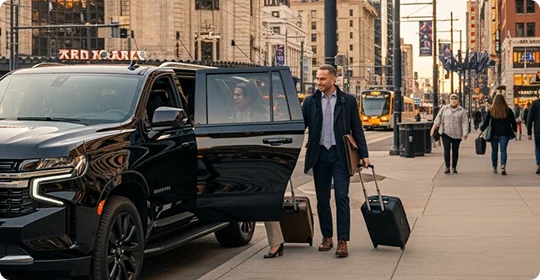 Business travelers enter a luxury black SUV on a lively city sidewalk.