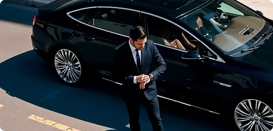 Man in a suit checks his watch beside a luxury black sedan in a sunlit parking lot—captured from an elevated top-down angle, emphasizing professionalism, punctuality, and sleek vehicle design.