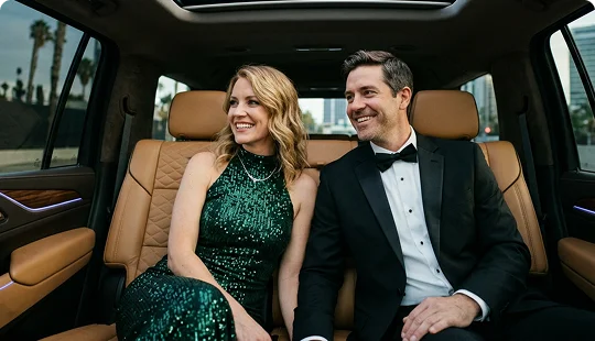 A smiling couple in formal wear sits in the backseat of a luxury vehicle with tan leather seats. The woman wears a sparkling green dress, and the man wears a black tuxedo as they look out the window.