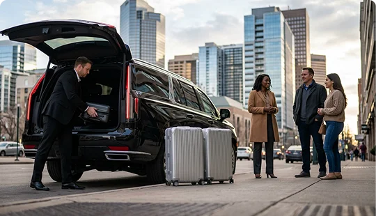 A chauffeur in a black suit loads luggage into the open trunk of a black luxury SUV parked on a city street. Three people stand nearby on the sidewalk, talking, next to two silver suitcases, with modern skyscrapers in the background.
