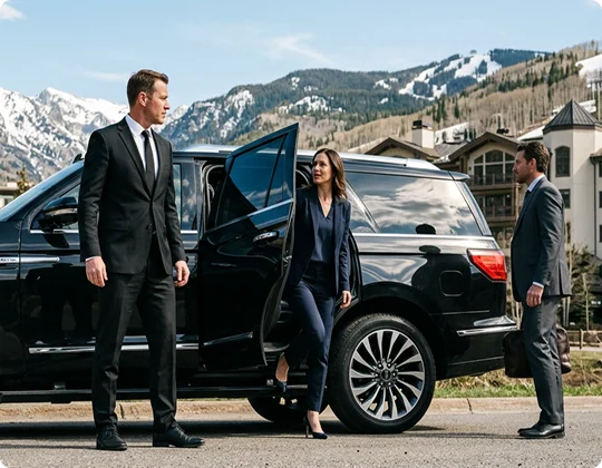 A woman in a navy pantsuit steps out of a black luxury SUV with its passenger door open. A chauffeur in a black suit stands by the door, while a businessman holding a leather bag stands nearby against a mountain backdrop.