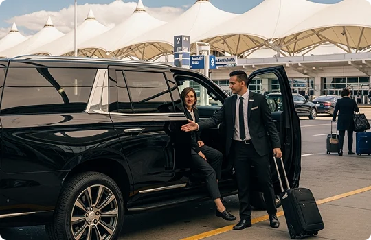 A chauffeur welcomes a woman stepping out of an SUV at a bright airport terminal with white canopy roofs.