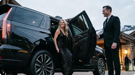 A chauffeur in a black suit holds open the door of a luxury black SUV for a smiling woman wearing an elegant black dress. She steps out of the vehicle outside a resort venue set against snowy mountains in the background.