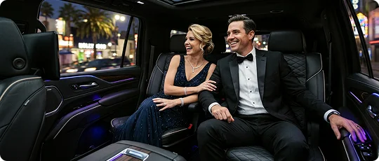 A smiling couple in elegant formal wear sits in the backseat of a luxury vehicle with black leather seats. The woman wears a sparkling navy dress, and the man wears a black tuxedo as they look out the window at a lit city street.