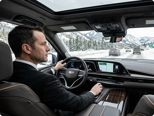 A chauffeur in a suit drives a luxury SUV along a snow-covered mountain highway. He rests one hand on the steering wheel and the other on the gear shifter while focusing on the road ahead.