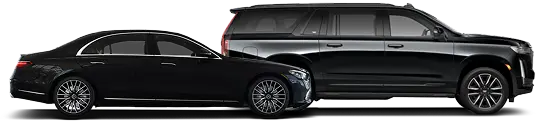 Side-by-side view of a sleek black luxury sedan and a premium black SUV—showcasing high-end vehicle options for executive and group travel.