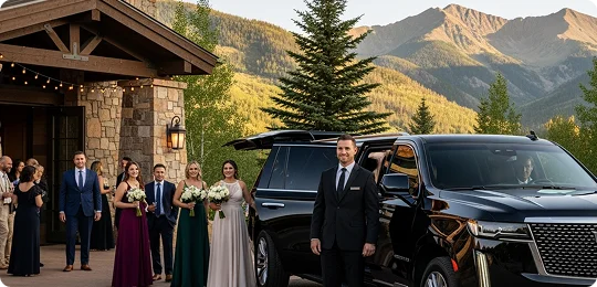The wedding party stands near a black SUV as bridesmaids smile outside a rustic venue with lush mountains behind.