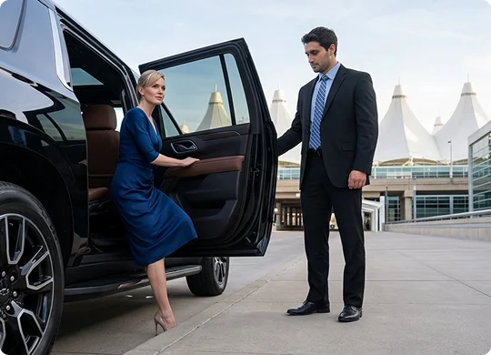A woman in a blue dress steps out from the brown leather interior of a black luxury SUV. A chauffeur in a black suit and blue tie holds the passenger door open for her outside an airport terminal.
