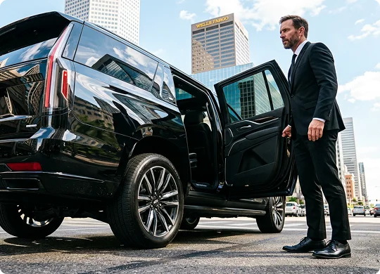 A chauffeur in a black suit and tie holds open the rear door of a black luxury SUV. The vehicle is parked on a city street, with tall skyscrapers and a clear blue sky in the background.