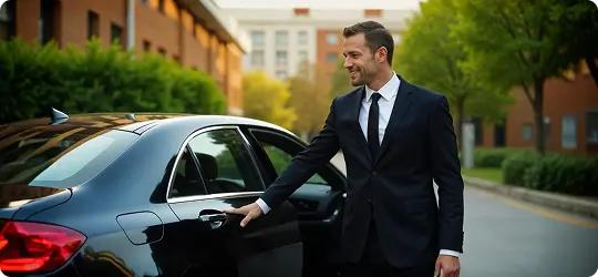 Smiling chauffeur in a suit opens the door of a black luxury sedan on a quiet, tree-lined street—conveying professionalism, warmth, and premium service.