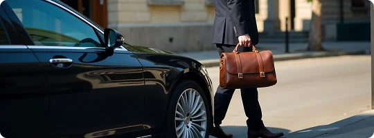 Close-up view of a luxury black car as a well-dressed man steps onto the curb holding a leather briefcase—capturing a moment of refined business travel in an urban setting.