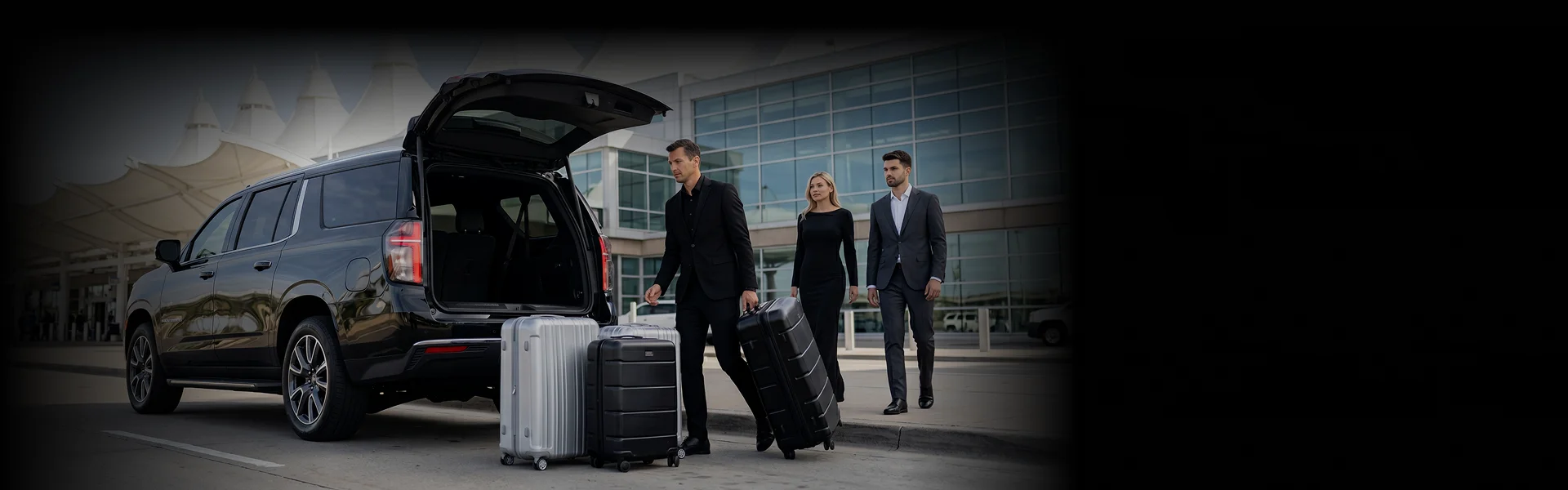 A chauffeur loading rolling suitcases into the open trunk of a black luxury SUV outside an airport terminal. A well-dressed couple walks toward the vehicle on the sidewalk.